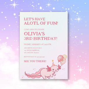 Invitación Tema de Ajolote Rosa Suave Cumpleaños Divertido pa
