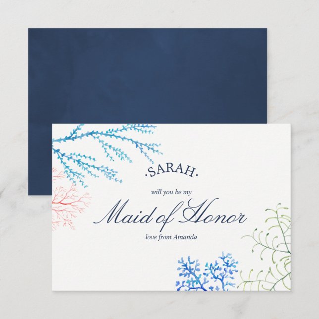 Invitación Tema de algas marinas acuarela para dama de honor (Anverso / Reverso)
