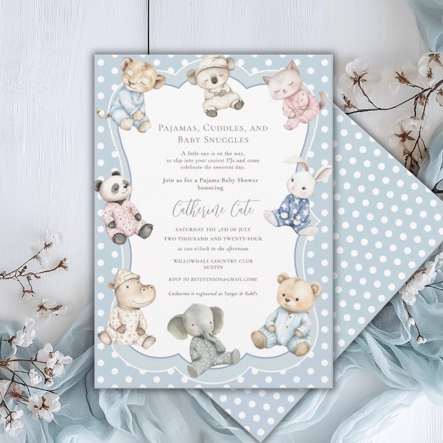 Invitación Tema de Animales de Fiesta de Pijamas Azul para Ba (Subido por el creador)