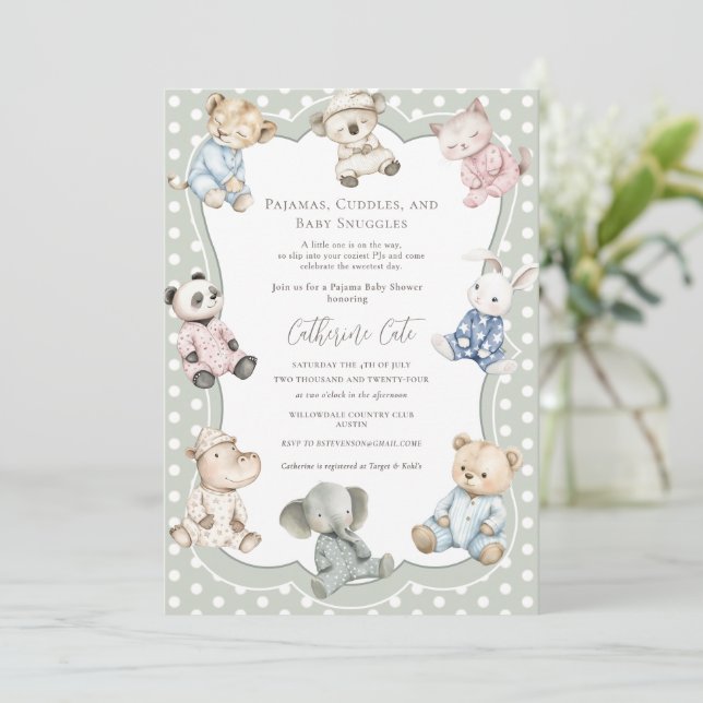 Invitación Tema de Animales de Fiesta de Pijamas Verde Bebé  (Anverso de pie)