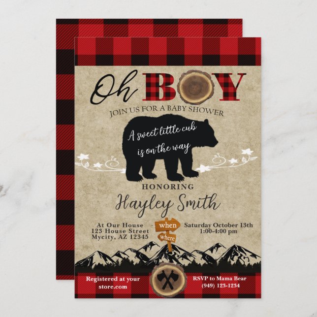 Invitación Tema de Baby Shower Little Bear Flannel Lumberjack (Anverso / Reverso)