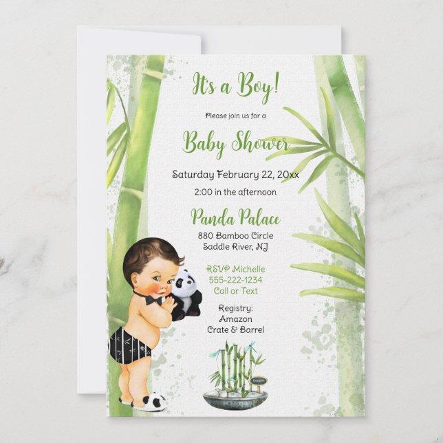 Invitación Tema de Bambú de Panda Niño Negro Blanco Verde (Anverso)