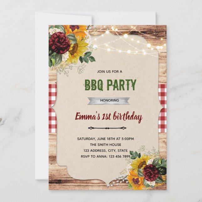 Invitación tema de barbacoa de girasol rosa rústico (Anverso)