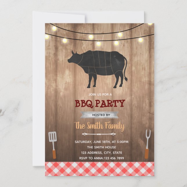 Invitación tema de barbacoa de vaca rústica (Anverso)