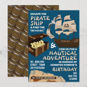 Invitación Tema de barco pirata, sala de escape, fiesta de cu