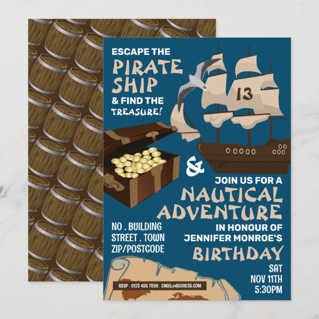 Invitación Tema de barco pirata, sala de escape, fiesta de cu (Anverso / Reverso)