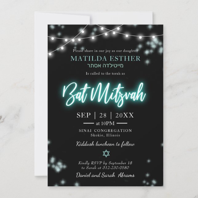 Invitación Tema de Bat Mitzvah Turquoise Neon (Anverso)
