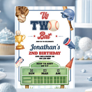 Invitación Tema de béisbol Arriba Dos Bate Segundo Cumpleaños