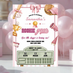 Invitación Tema de béisbol rosa púrpura año de novato cumplea