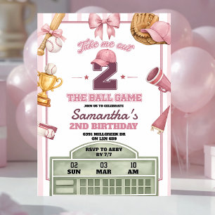 Invitación Tema de béisbol rosa púrpura para segundo cumpleañ