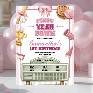Invitación Tema de béisbol rosa y morado Cumpleaños primer añ