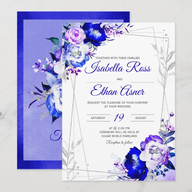 Invitación Tema de Boda Azul Real y Púrpura (Anverso / Reverso)
