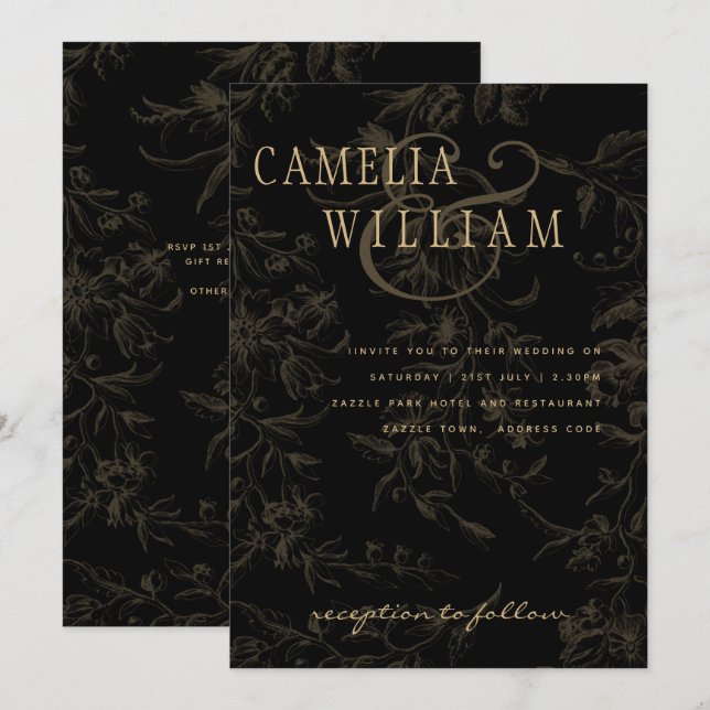 Invitación Tema de boda de corbata negra damasco dorado vinta (Anverso / Reverso)