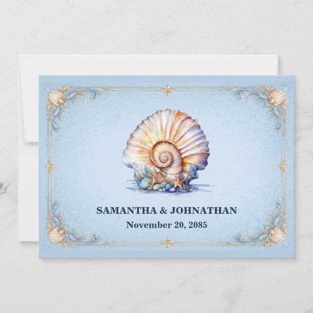 Invitación Tema de boda de lujo con concha de mar en la playa (Anverso)