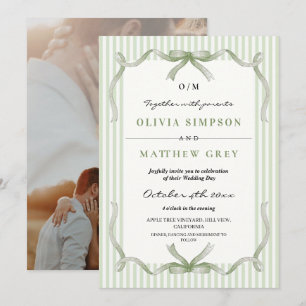 Invitación Tema de boda Sage con lazo y raya