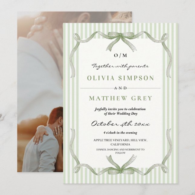 Invitación Tema de boda Sage con lazo y raya (Anverso / Reverso)