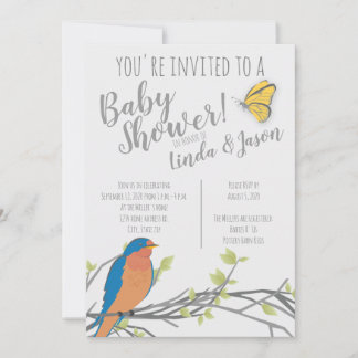 Invitación Tema de Bosque  Fiesta de Bebé con Pájaro Azul y F