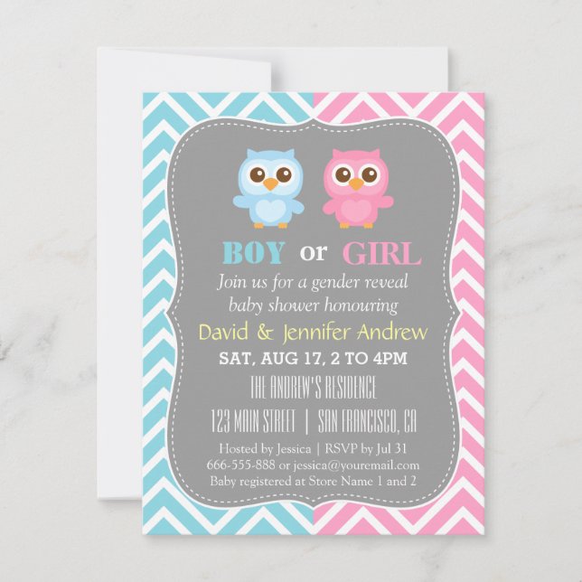 Invitación Tema de búho bebé lindo Chevron Fiesta de Revelaci (Anverso)