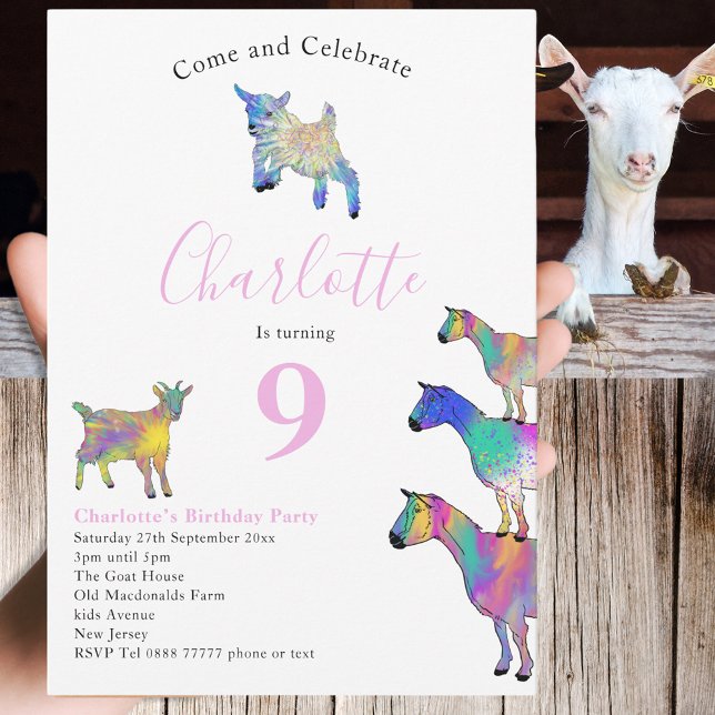 Invitación Tema de cabra Novena fiesta de cumpleaños Rosa (Cute goats colorful farm animal art 9th birthday party invitation )