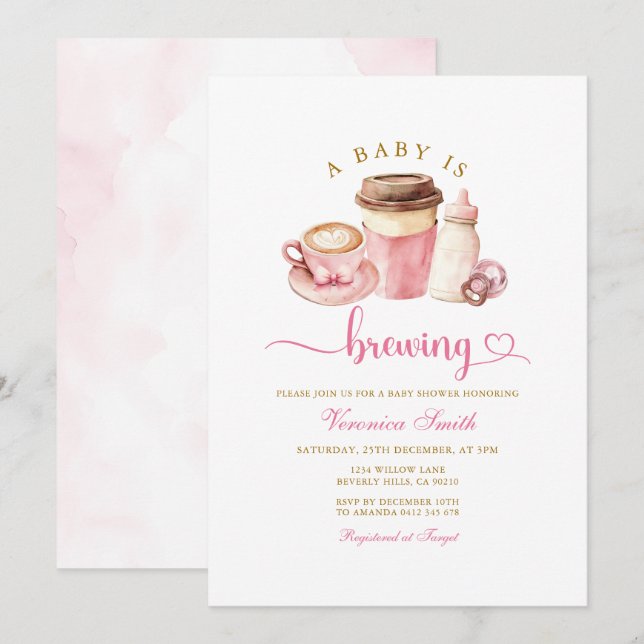 Invitación Tema de café rosa moderno para baby shower Latte (Anverso / Reverso)