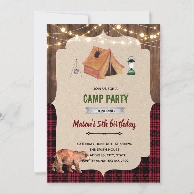 Invitación tema de campamento rústico de leñador (Anverso)