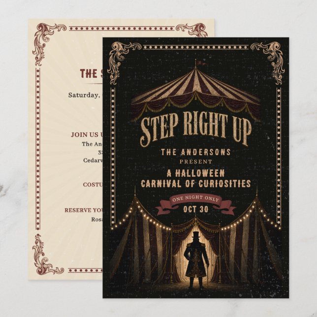 Invitación Tema de Carnaval Oscuro de Circo Antiguo Fiesta de (Anverso / Reverso)