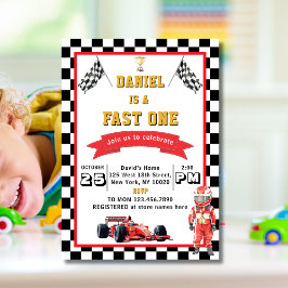 Invitación Tema de Carreras Fast One Bandera de Cuadros Cumpl