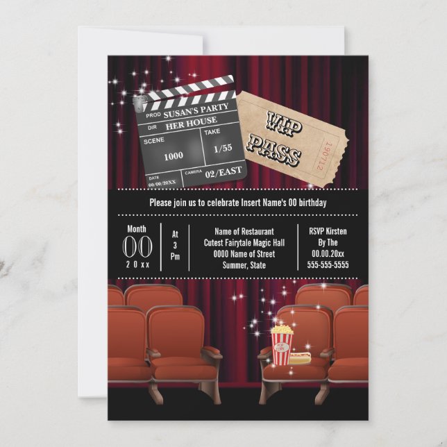 Invitación Tema de cine dentro de la boleta de cine fiesta de (Anverso)