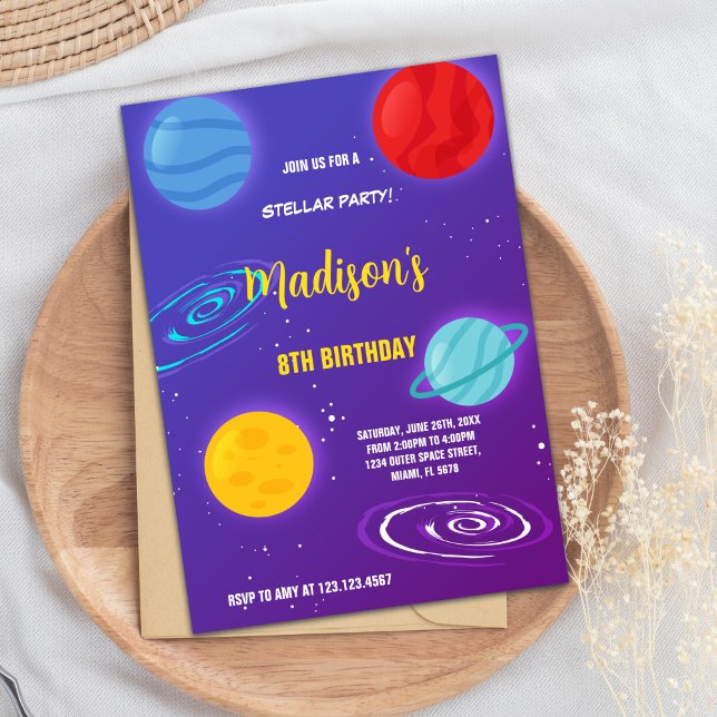 Invitación Tema de Cohetes y Galaxia para niños (Purple Outer Space Birthday Invitations)
