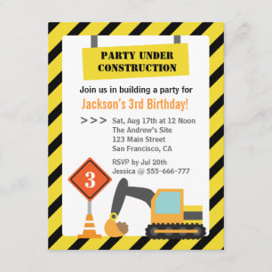Invitación Tema de construcción de excavadoras para fiesta de