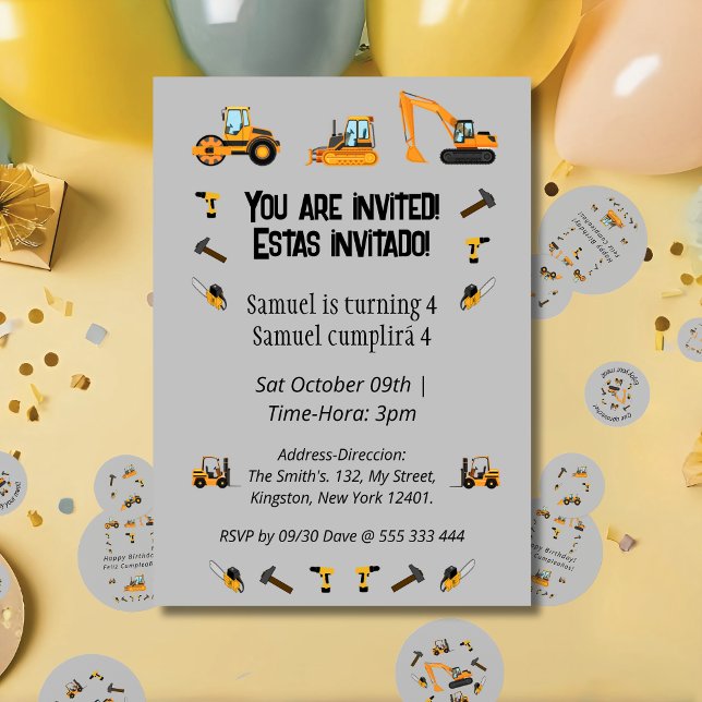 Invitación Tema de construcción de fiesta bilingüe de cumplea (Gray Bilingual birthday party invitation, construction themed, custom Spanish text. Multilingual )