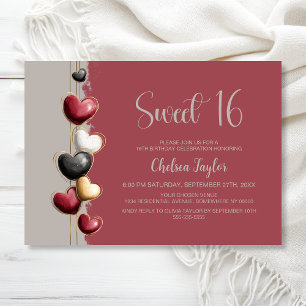 Invitación Tema de corazón rojo y rosa Cumpleaños Sweet 16