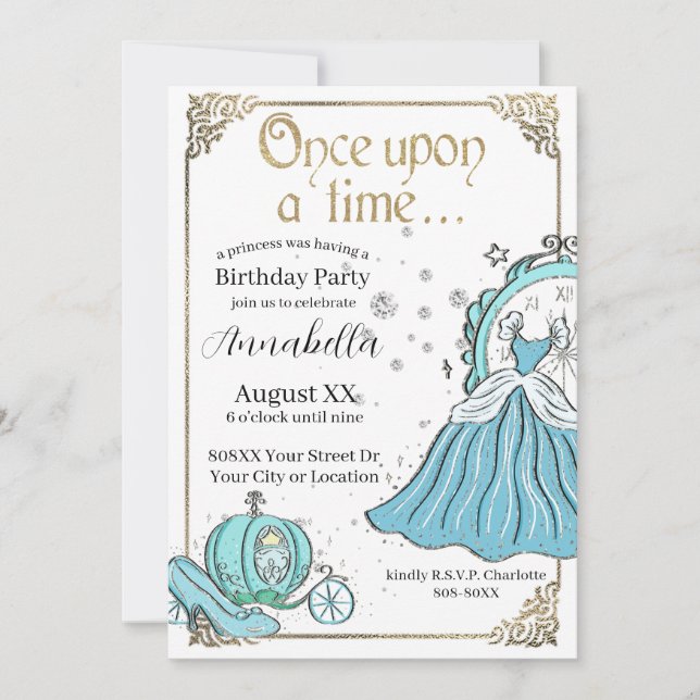 Invitación Tema de Cúentecillo de Hadas de Cenicienta Ilustra (Anverso)
