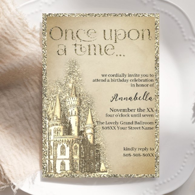 Invitación Tema de cuento de hadas Castillo de purpurina dora (Subido por el creador)