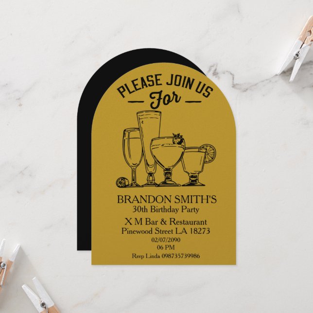 Invitación Tema de cumpleaños adulto dorado   (Anverso/Reverso In Situ)