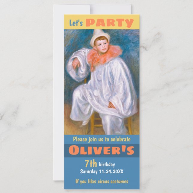 Invitación Tema de cumpleaños CC1067 Renoir White Pierrot (Anverso)