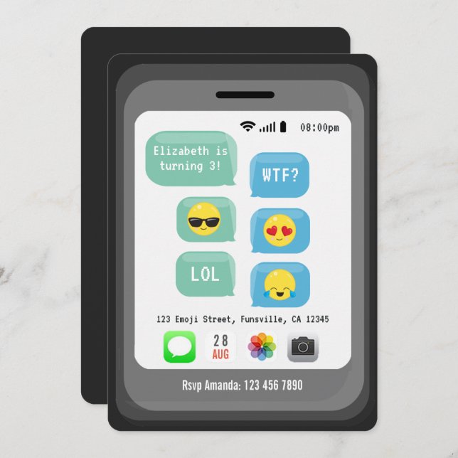 Invitación Tema de cumpleaños con emojis (Anverso / Reverso)