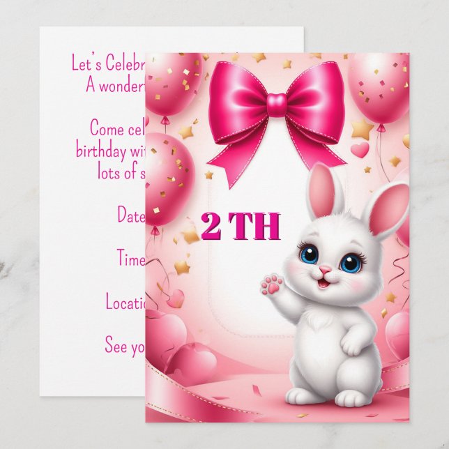 Invitación Tema de cumpleaños de conejito dulce 🐰 (Anverso / Reverso)