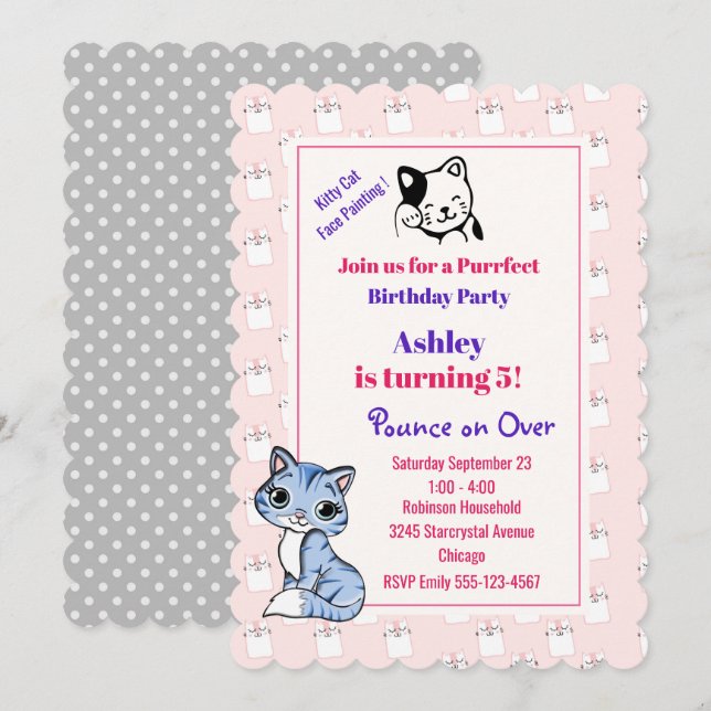 Invitación Tema de Cumpleaños de Gatito Rosa (Anverso / Reverso)