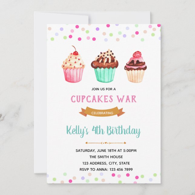 Invitación Tema de cumpleaños de guerra de Cupcakes (Anverso)