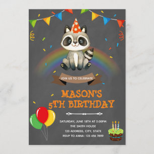 Invitación tema de cumpleaños de mapache arcoíris