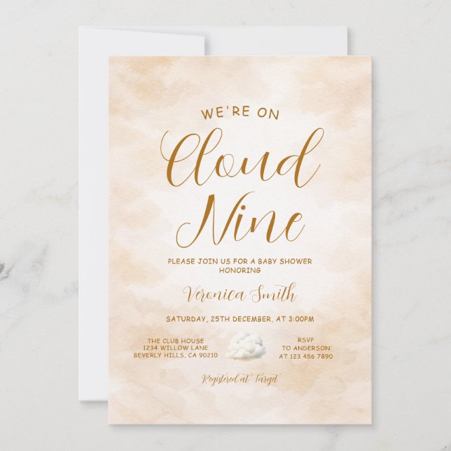 Invitación Tema de Cumpleaños de Nube Nueve en Beige Elegante (Anverso)