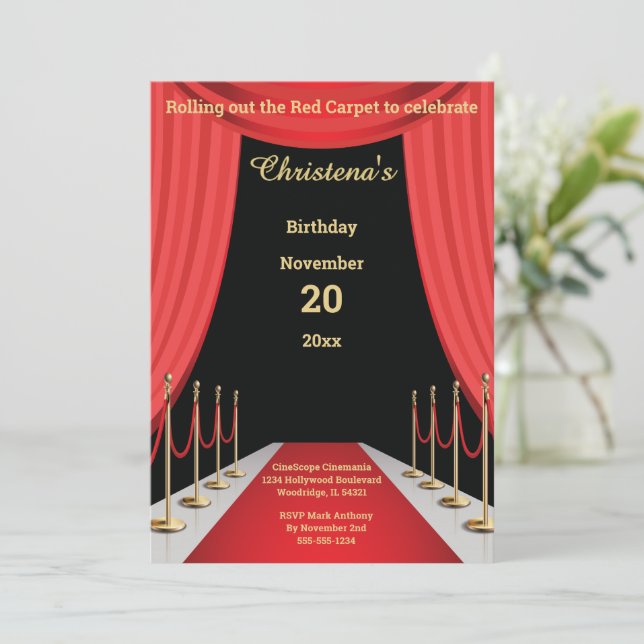 Invitación Tema de Cumpleaños de Película con Alfombra Roja (Anverso de pie)