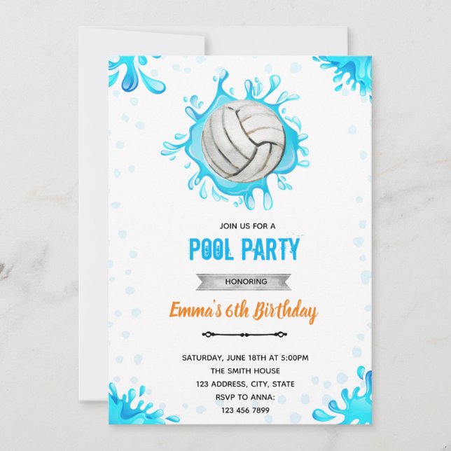 Invitación Tema de cumpleaños de piscina de voleibol (Anverso)