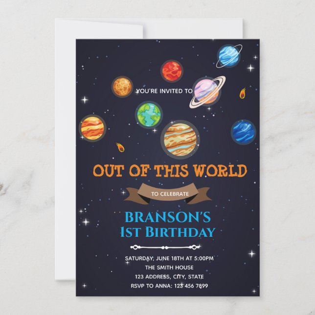 Invitación tema de cumpleaños de planeta y galaxia espacial (Anverso)
