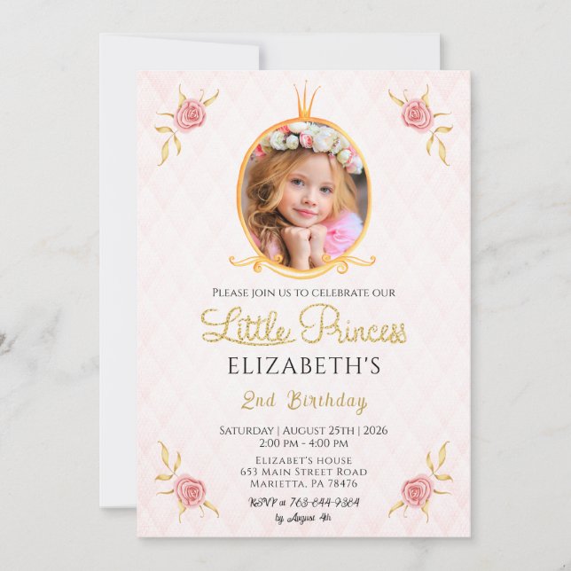 Invitación Tema de Cumpleaños de Princesa Adorable Fiesta de  (Anverso)