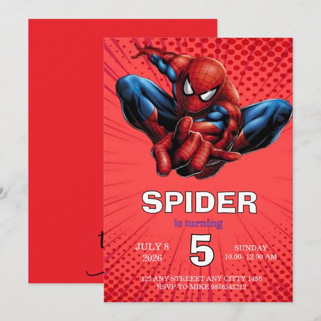 Invitación Tema de cumpleaños de Spiderman Superhéroe Fiesta  (Anverso / Reverso)