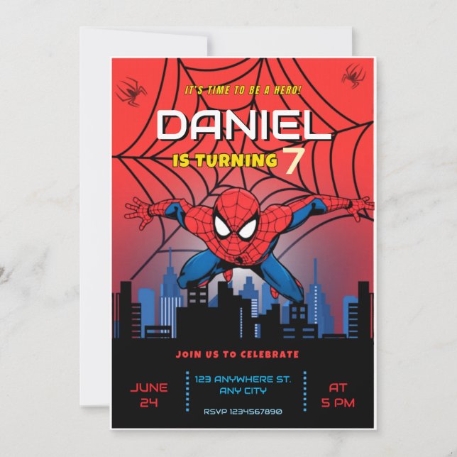 Invitación Tema de cumpleaños de Spiderman Superhéroe Fiesta  (Anverso)