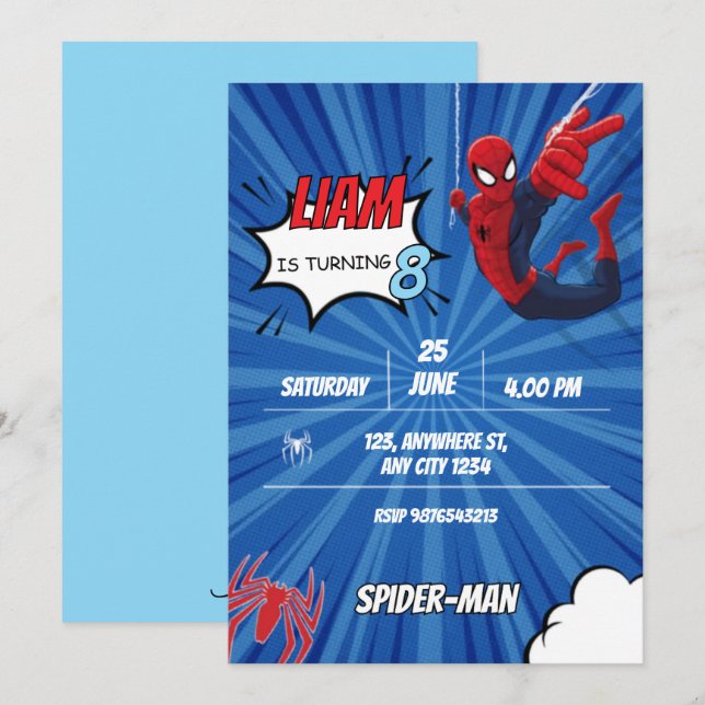 Invitación Tema de cumpleaños de Spiderman Superhéroe Fiesta  (Anverso / Reverso)