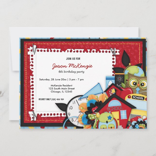 Invitación Tema de cumpleaños escolar (Anverso)
